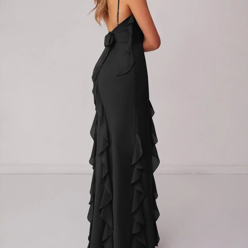 Barbie x Azazie Black Ruffle Slit Maxi Dress A4 - Picture 2 of 11
